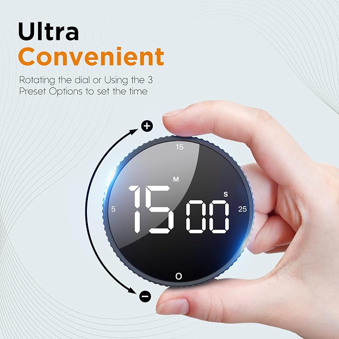 Digital Kitchen Timer, Magnetic Kitchen Timer Clock with Large LED Display, Countdown Count Up, Rotary Dial, 5/15/25 Min Presets, 3 Volume Levels for Cooking, Productivity, Pomodoro, Classroom