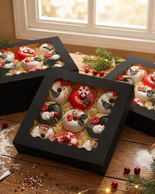 qiqee 10"x 10"x 2.5" Black Pie Boxes with Window 50Packs Cookie Donut Bakery Box (Auto-pop Up)
