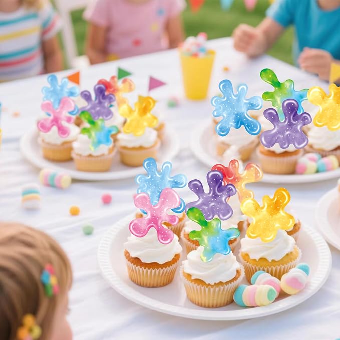 60 Pieces Edible Slime Cupcake Toppers for Colorful Painted Slime Cupcake Decorations for Slime Themed Birthday Party Art Themed Party Supplies
