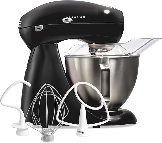 Hamilton Beach Die-Cast Metal Classic Electric Stand Mixer, 12 Speeds | 4.5-Quart Stainless Steel Bowl, Includes Flat Beater, Whisk, Dough Hook & Pour Shield, Powder-Coated Black Finish (63227N)
