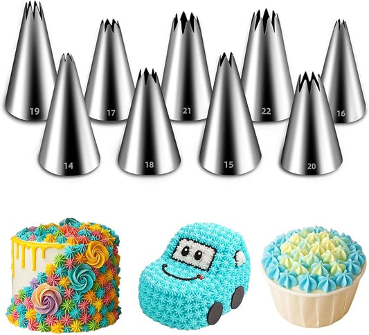 Suuker Open Star Piping Tips Set, 9 Pieces, Small Size | French Star Tube, Stainless Steel, For Cupcakes Cakes Cookies, Frosting Nozzle Kit
