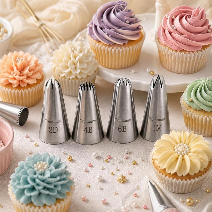 #1M #2D #4B #6B Large Piping Nozzles, 4 pcs Stainless Steel Seamless Icing Piping Tips Set for Cupcakes and Baking