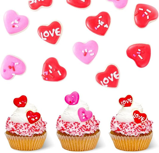 Edible Heart Cake Decorations, Valentines Cupcake Toppers, Royal Icing Decorations, Red Pink Heart Shaped Sprinkes Edible for Cookies Chocolates Baking Valentines Toppers, 36 pcs
