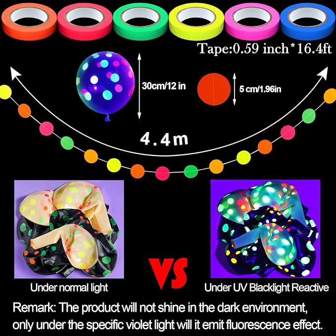 Skylety 32 Pcs Glow in The Dark Party Supplies Neon Party Favors with 25 Fluorescent Balloon 6 Rolls 98.4 ft UV Blacklight Luminous Tape 14.4 ft Neon Streamer Garland for Adults(Bright Big Dot)