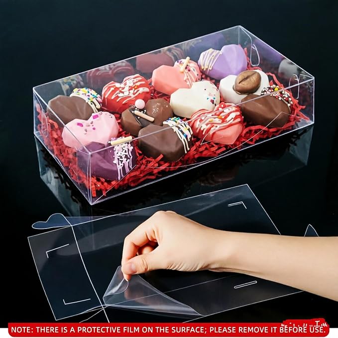 RomanticBaking 24PCS 12x5x2 Inches Clear Valentines Strawberry Boxes Cookie & Macaron Gift Boxes for Party Favors