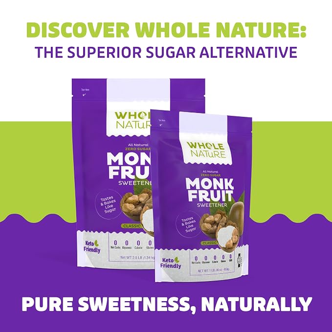 Whole Nature 100% Monk Fruit Sweetener With Erythritol Granulated - 2.5lb Pure Monkfruit Sweetener With Erythritol - Paleo & Keto Friendly Zero Calorie Sugar Substitute Healthy Sugar Alternative - 40 oz Pouch