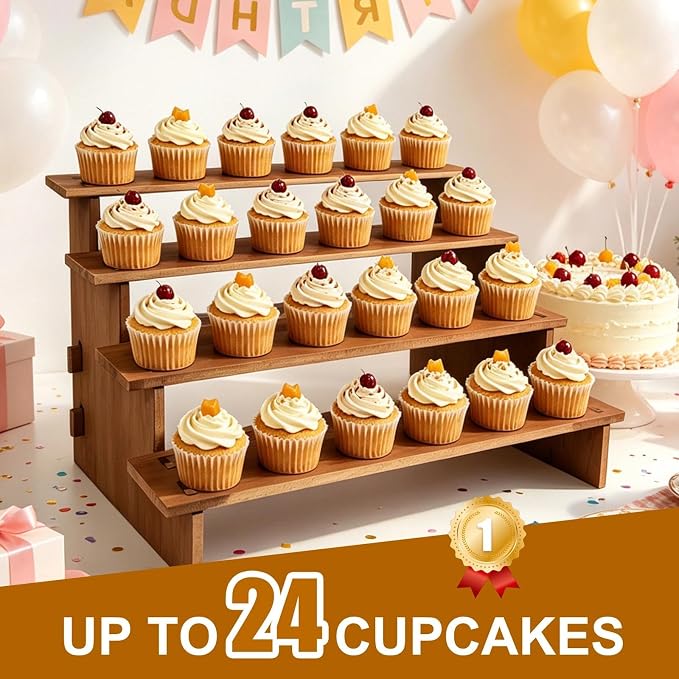 4 Tier Cupcake Stand for 24 Cupcakes - 30s Quick Assembly, Easy Carry&Store | Tiered Display Stand, Rustic Display Risers for Vendor Events, Cup Cake, Dessert, Spice Rack, Candles, Wooden Desert Stands