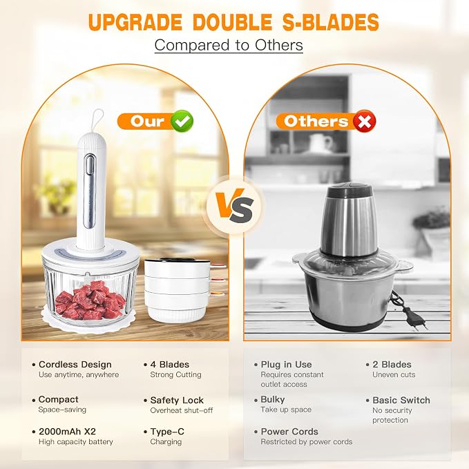 Glass Food Processor Small, USB Charging Wireless Electric Meat Grinder with 4 Blades & 4 Bowls (1x8 Cup+3x0.5 Cup), Mini Chopper Food Processor for Home Use, Onion, Garlic, Ginger, Baby Food