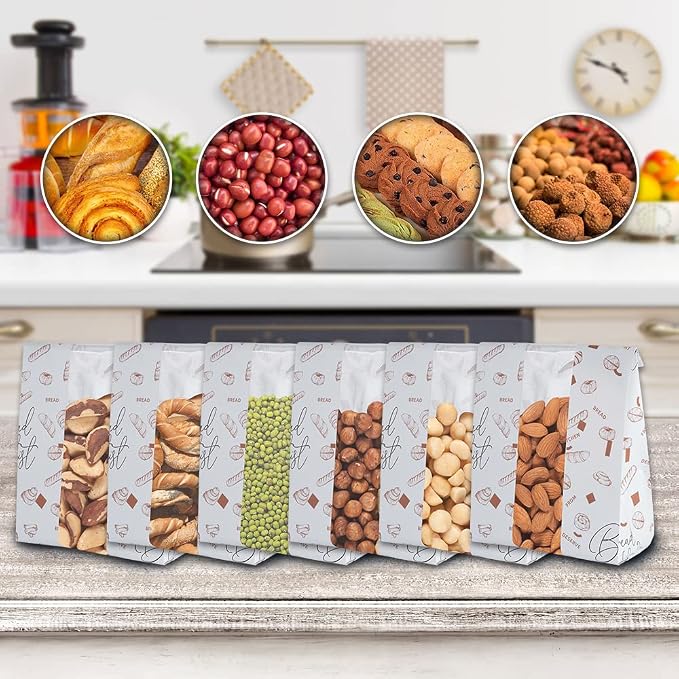 50 Pack Paper Bread Bags with Front Window, 13.8 x 9.5 x 4.3 Inch Large Paper Bread Bags for Homemade Bread Gift Giving with Stickers