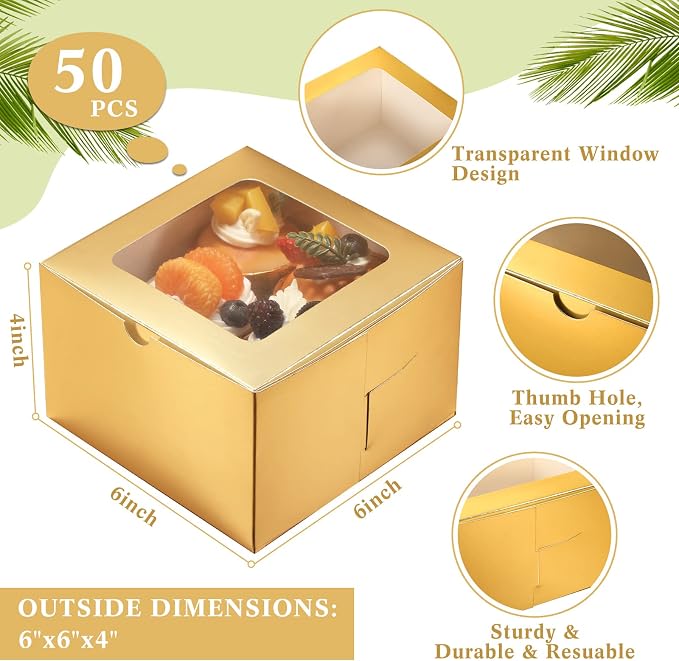 Thenshop 50 Pcs Bakery Boxes with Window 6 x 6 x 4 Inch Small Treat Containers Cookie Pastry Boxes Mini Cake Containers for Cookies, Pastry, Cupcakes, Dessert, Pie, Muffin, Donuts(Gold)