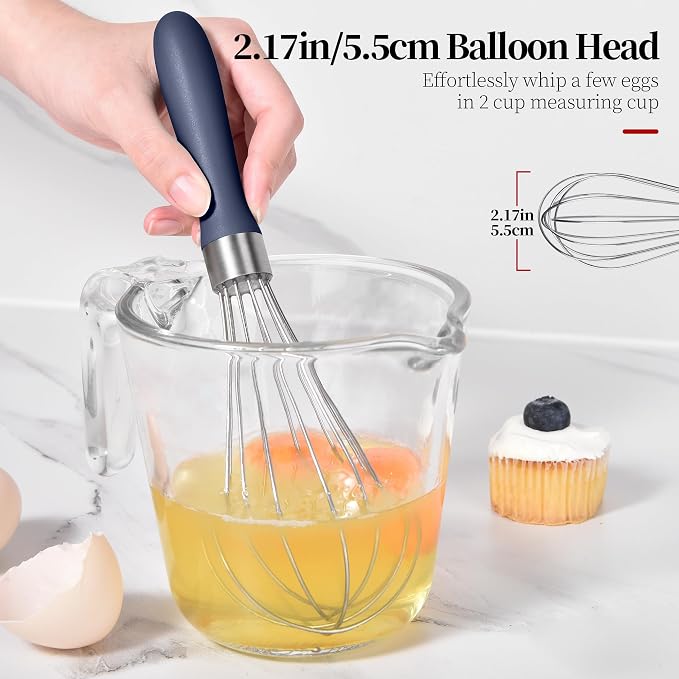 Small Whisk: Stainless Steel 9in Wire Balloon Wisk Kitchen Egg Whisker Heavy Duty Hand Mixer for Cooking Baking Whipping Blending Mixing Stirring Sauce, Flour, chocolate (Midnight Blue)