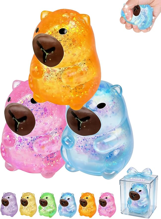 Capybara Squishy Glitter Animal Squeeze Balls Cute Capybara Stress Ball Anxiety Relief Slow Rise Adult Sensory Fidget Tool Gift Sparkling Desk Decor Collectibles Decompression Dough(3pcs Set3)