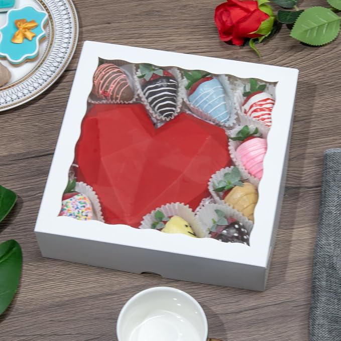 TEMLQPACK 25pcs 9x9x2.5 Inches White Bakery Boxes with Window Cookies Boxes Pie Boxe Chocolate Covered Strawberries Boxe