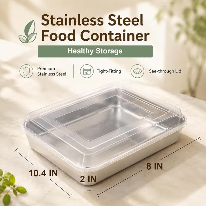 E-far Toaster Oven Baking Pan with Lid, 10.4”x 8”x 2” Stainless Steel Rectangle Sheet Cake Pans with Covers, Small Bakeware for Cakes Brownies Casseroles, Non-toxic & Dishwasher Safe -Set of 2