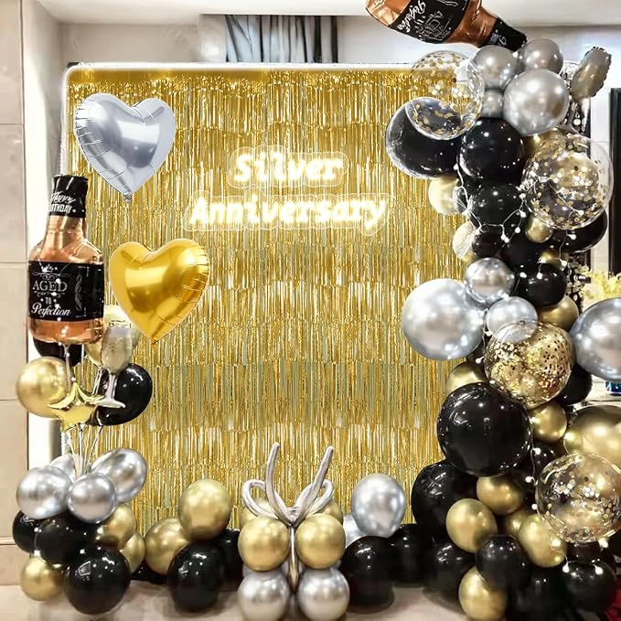 157Pcs Black Gold Silver Balloons Garland Arch Kit with Gold Fringe Curtain for New Year’s Eve Graduation Birthday Black Tie Gala Anniversary Wedding Party Decorations