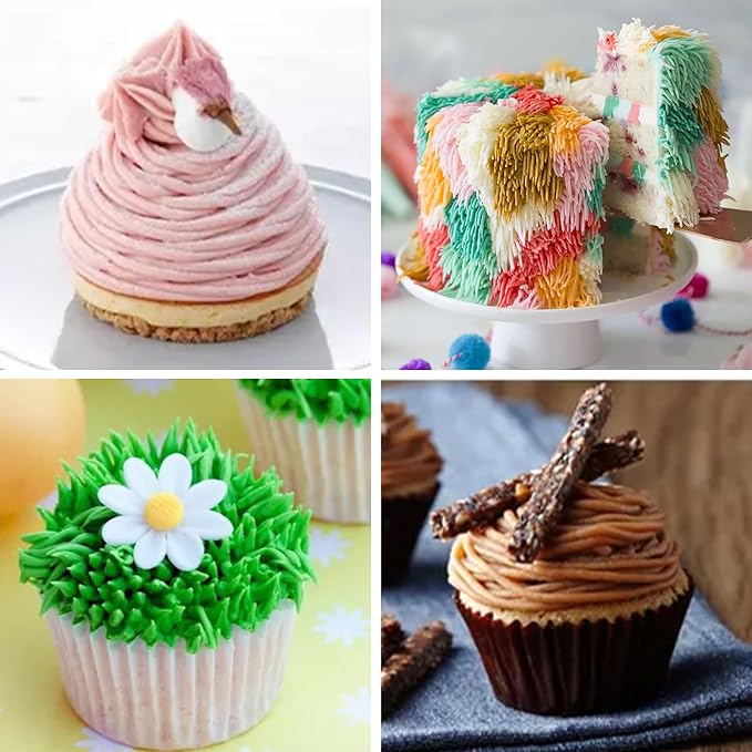 Grass Piping Tip Set – 4pcs Stainless Steel Cake Decorating Grass Tips, Pull Line Nozzles for Cakes Cupcakes Cookies Pastries Chestnut Puree, Buttercream Frosting Decoration Piping Nozzles