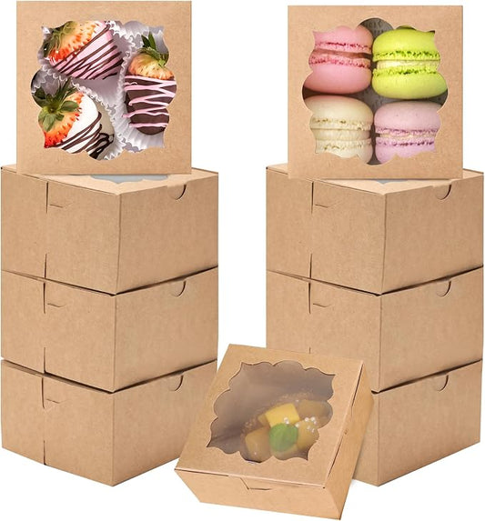 NPLUX 50pcs Cookie Boxes with Window Bakery Boxes Small Treat Boxes Mini Pie Boxes Pastry Boxes 4x4x2.5in, Graduation Gifts Party Favors(Brown)