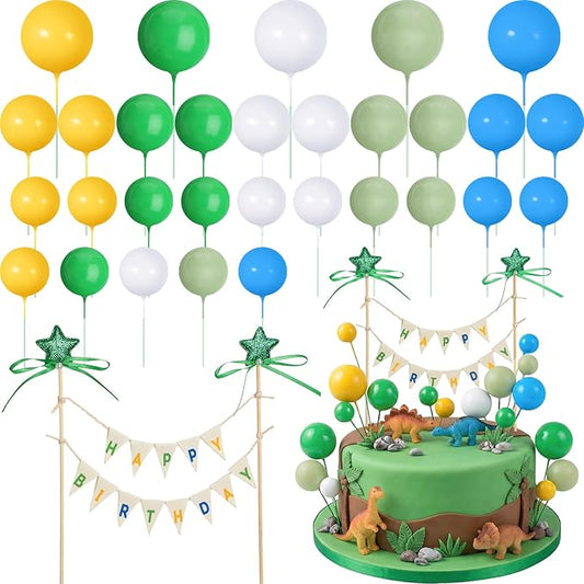 31 Pcs Happy Birthday Cake Topper Cake Bunting Topper Banner with Wood Pole Rainbow Garland with Bow Ribbon Balloon, Mini Cupcake Decor for Birthday Baby Shower (Green Dragon)