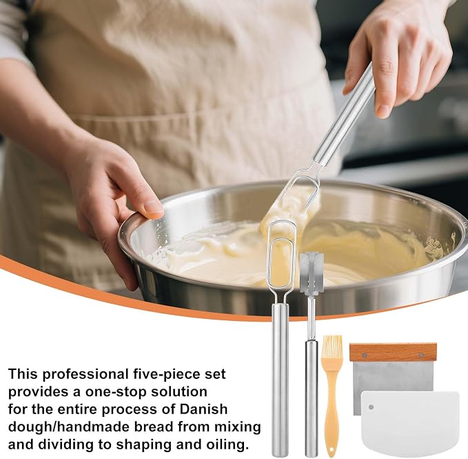 Danish Dough Whisk Set, Stainless Steel Bread Whisk Sourdough Mixer with Cutter Scraper Pastry Brush Knife & Storage Bag for Cooking Baking