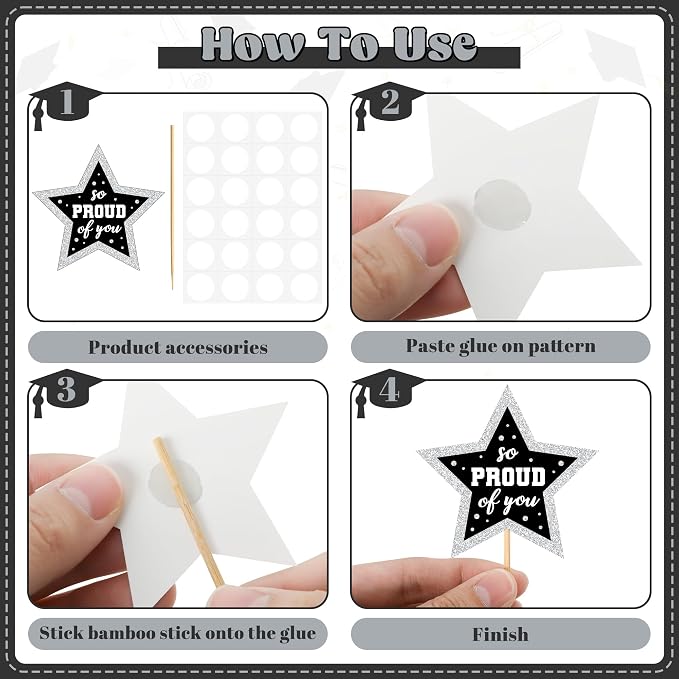 48 PCS Grad Cupcake Toppers, Congrats Graduation Cake Topper, Class of 2026 Black and Silver Graduation Decor, Glittery Cap and Diploma Cake Picks for Grad Party Decorations Supplies