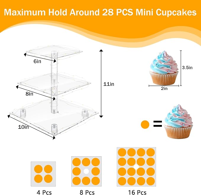 YestBuy 3 Tier Clear Square Cupcake Stand - Premium Cupcake Holder - Acrylic Cupcake Tower Display - Candy Bar Party Décor + LED Light String - Ideal for Weddings, Birthday Parties (Yellow Light)
