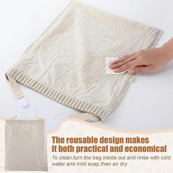 2 Pack Reusable Striped Bread Bags Set with Drawstring Cotton Linen Food Storage Bags for Homemade Bread & Sourdough 17"x 13" Lined Food Bag Cover Keep Loaves Fresh Longer(Grey Stripes)