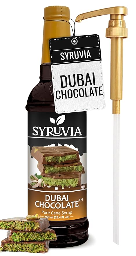 Syruvia Coffee Syrup, Dubai Chocolate Flavored Syrup for Drinks, Lattes, and Desserts – 25.4 fl oz - with Pump