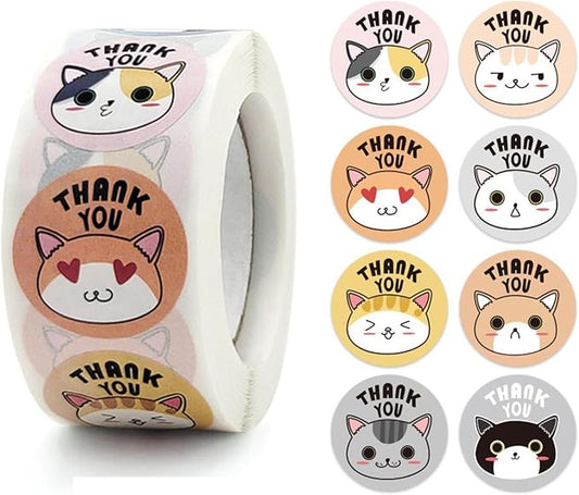 BLESS-VAST 500 PCS Thank You Stickers for Small Business - 1 Inch Cat Decal Envelope Seal 8 Designs Vibrant Colors Labels for Baking Packaging Gift Bags Wraps Crafts (Colorful Cat)