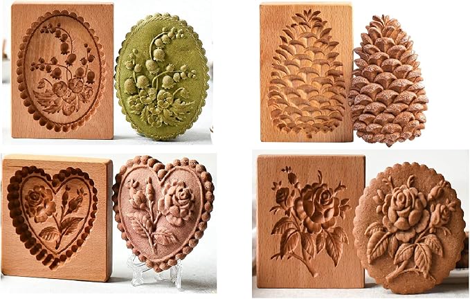 Carved Wooden Gingerbread Cookie Mold,3D Wooden Baking Mold Cookie Biscuit Press Stamp Molds,Cookie Cutter,Cookie Stamp,DIY Biscuit Stamp Mould for Halloween Thanksgiving Christmas(4PCS)