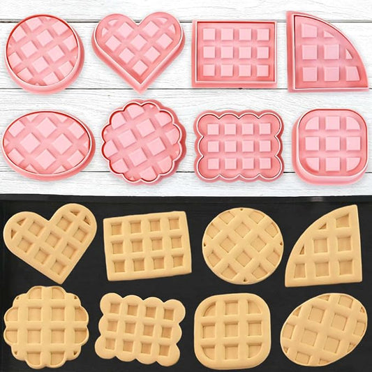 Mini Waffles Round Cookie Cutters, 8pcs 3d Classic Raised Design Cookie Stamps, Triangle, Rectangle, Square, Heart, Oval, Mini Pie Cookie Molds, Circle Cookie Cutter Set for DIY Baking (Waffles)
