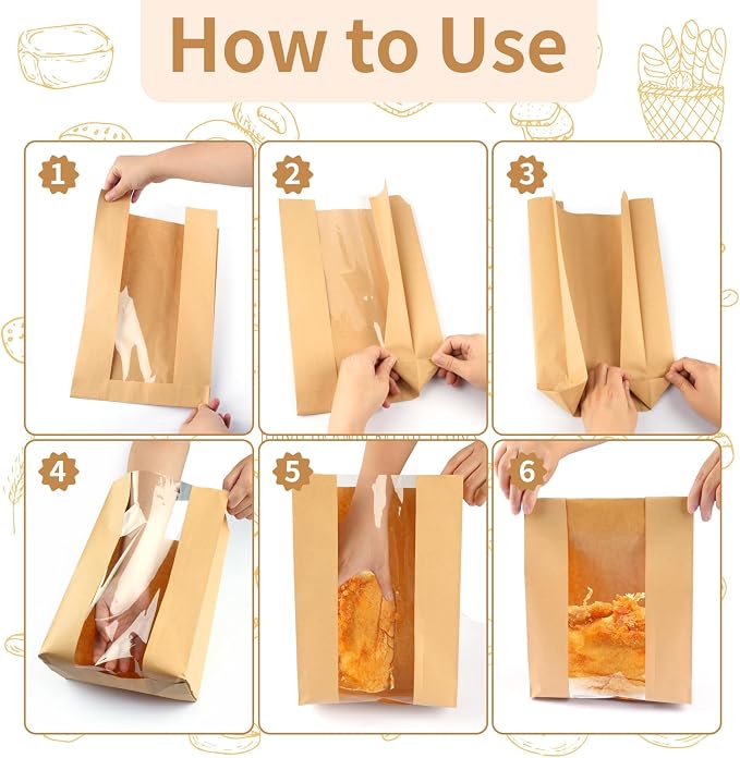30 Pcs Bread Bags for Homemade Bread, 13.7 x 8.3 x 3.5 Inch Large Sourdough Kraft Paper Bakery Bags with Clear Window, Includes 30 Sealing Stickers for Storing Loaves & Snacks