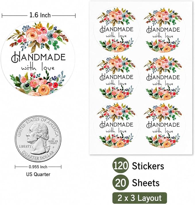 Handmade Floral Stickers Labels: Strong Adhesive 120 Pcs 1.6" Round Seals for Bakery Treat Bags Gift Wrap Envelope Closing for Small Business Packaging Wedding Shower Favors