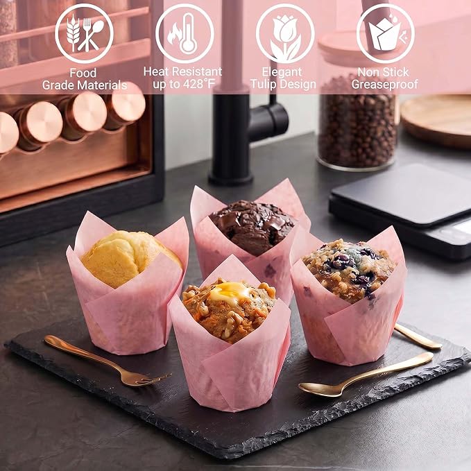 200 Pcs Pink Tulip Cupcake Liners for Baking, Standard Size | Standard Greaseproof Tulip Muffin Liners for Baking, 3oz Pink Paper Cupcake Wrappers for Party Wedding Birthday