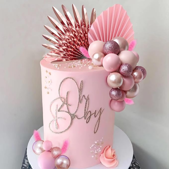 38 PCS Balls Cake Toppers Palm Leaves Cake Decorations for Birthday Wedding Baby Shower Party Supplies (Rose Gold)