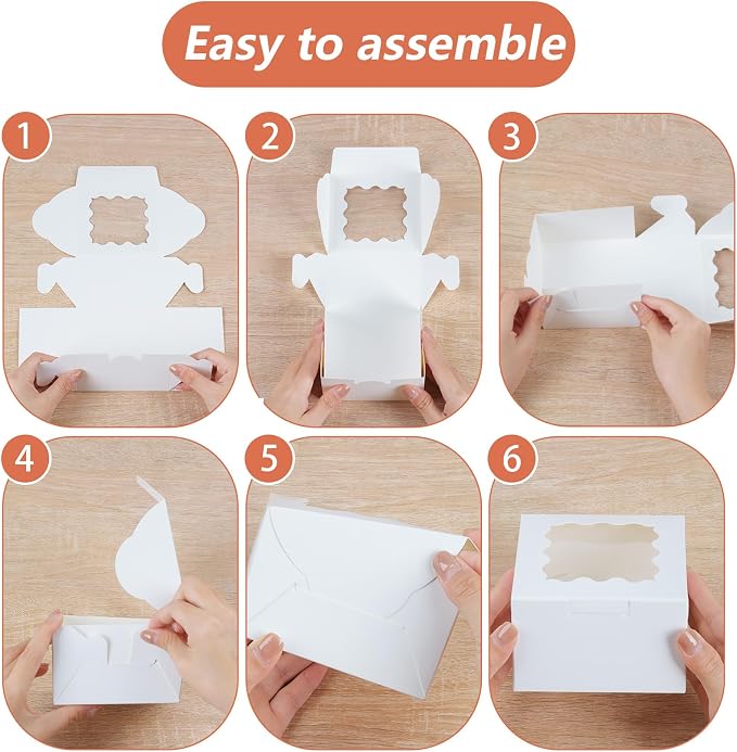 26 Pcs Cookie Boxes with Window, 4x4x2.5 Inches Small Cupcake Boxes, White Treat Boxes with 36pcs Stickers, for Cookie Dessert Pastry Donuts Strawberries Macaroon Candy Chocolate Cupcakes