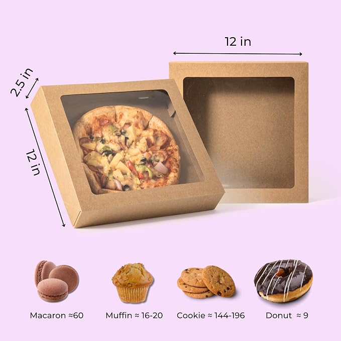 Fit Meal Prep 25 Pack Pie Boxes, 12 x 12 x 2.5 Inches Kraft Bakery Boxes with Window, Auto-Popup Treat Boxes for Donuts, Cookies, Pastries, Ideal for Party, Christmas, Valentine's Day