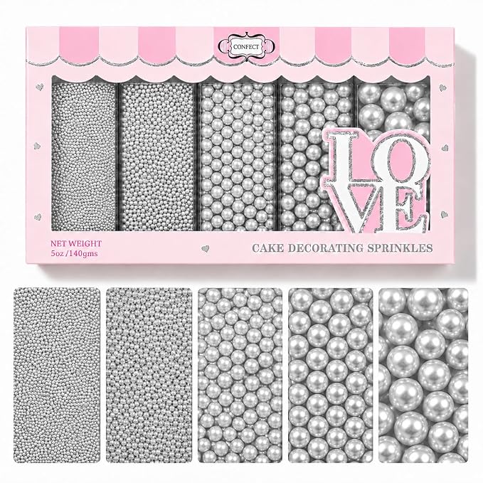 Confect Pearl Sprinkles | Assorted pack of 5 Shimmering Sliver Disco Ball Christmas, Birthday & Celebration Sprinkles | Mix Silver Pearl Dragees - Vegan, Gluten-Free, Nut-Free, Soy-Free, Dairy-Free, Palm Oil-Free, No Artificial Dyes - 5 Oz