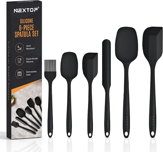 NEXTOP Silicone Spatula Set, 6-Piece Kitchen Utensil Set with Silicone Spatulas and Basting Brush, One-Piece Design for Mixing, Baking, Scraping, Stirring and Cooking, Nonstick Friendly (Black Set)