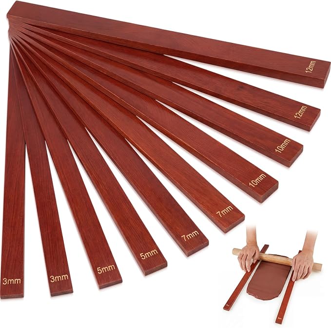 Sasylvia 10 Pcs Clay Pottery Rolling Pin Guides Wood Teaching Rolling Mud Stick Guide Set Polymer Clay Depth Thickness Guide Pottery Mudboard Tools (5 Size,Reddish Brown)