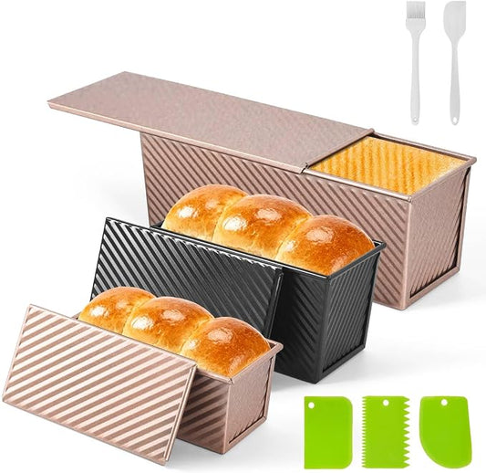 3 PCS Pullman Loaf Pan with Lid, 2.2 lb & 1 lb & 0.8 lb Dough Capacity, Nonstick Carbon Steel Sandwich Bread Pans with Covers for Homemade Sourdough Baking