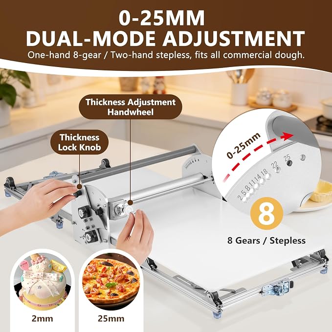 Electric Dough Sheeter Machine 17.7" Commercial Dough Rolling Machine Electric Dough Roller Machine Folding Dough Sheeter Reversible Control with 0-25MM Thickness Adjustment