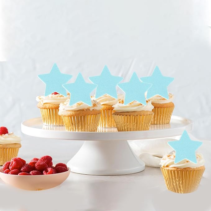 60 PCS Edible Star Cupcake Toppers Edible Stars Cake Decorations Wafer Paper Twinkle Star Cake Toppers Baby Shower Cupcake Picks for Wedding Engagement Bridal Shower Birthday Party Supplies Blue