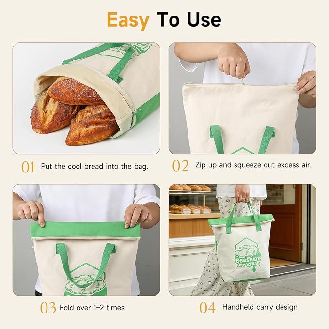 Beeswax Bread Bag 14"x17" Sourdough Bread Storage, Reusable Linen Bags with Wide Zipper & Double-Sided Print, Freezer Safe for Homemade Artisan Loaves