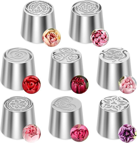 Russian Piping Tips Set, 8 Flower Patterns, Stainless Steel, Extra Large Bouquet Cream Nozzles for Cake Decorating