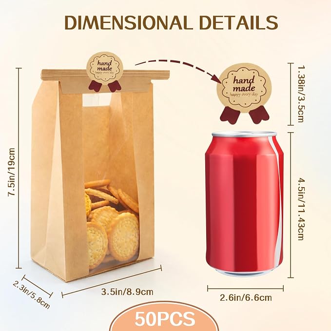 WIKDAY Bakery Bags with Window 50PCS Paper Cookie Bags Tin Tie Tab Lock Small Pastry Bags for Baked Goods Gift Giving Snack Treat Desert Packaging Storage Includes Label Seal Stickers 3.5x2.3x7.5in