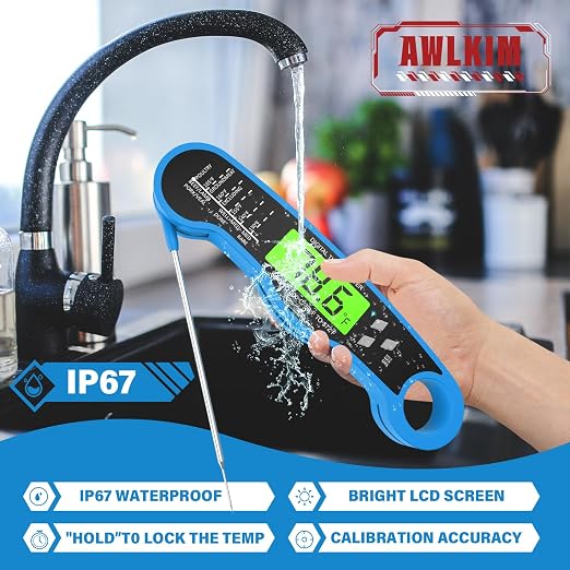 AWLKIM Digital Meat Thermometer, Instant Read Thermometer, Blue | Grill, BBQ, candy and baking thermometer with backlit display, foldable probe and magnetic storage.