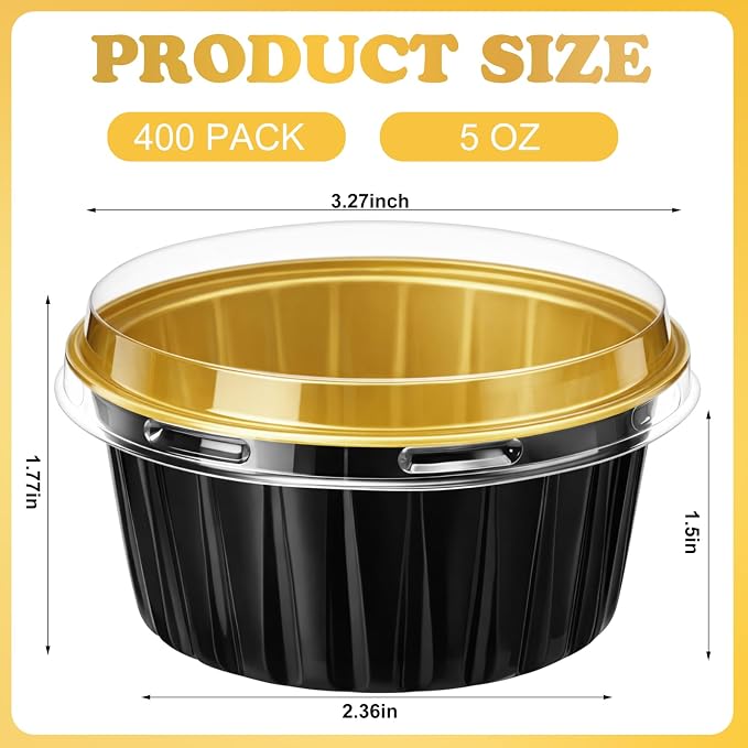 Gejoy 400 Pcs Aluminum Foil Baking Cups with Lids 5 oz Disposable Ramekins Mini Cake Pans Creme Brulee Cupcake Liners Muffin Dessert Container for Wedding Birthday Party (Elegant,Black Color)