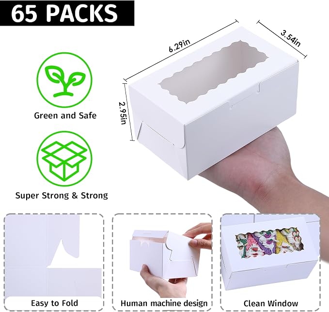 65 PCS White Bakery Boxes with Window - 6.29x3.54x2.95 Inches Small Bakery, Cookie, Pastry, Cupcake, Candy,Cake, Treat, Dessert Boxes, Small Gift Boxes for Party, Business(White)
