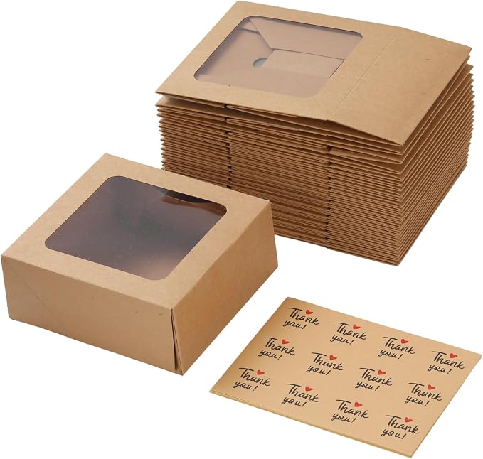 Tuck-Free Cookie Boxes with Window 24 Pack - 6x6x2.5 IN Cardboard - Pastry Containers & Cupcake Box for Baked Goods Packaging - Easy Assemble Mini Treat Holders,Kraft