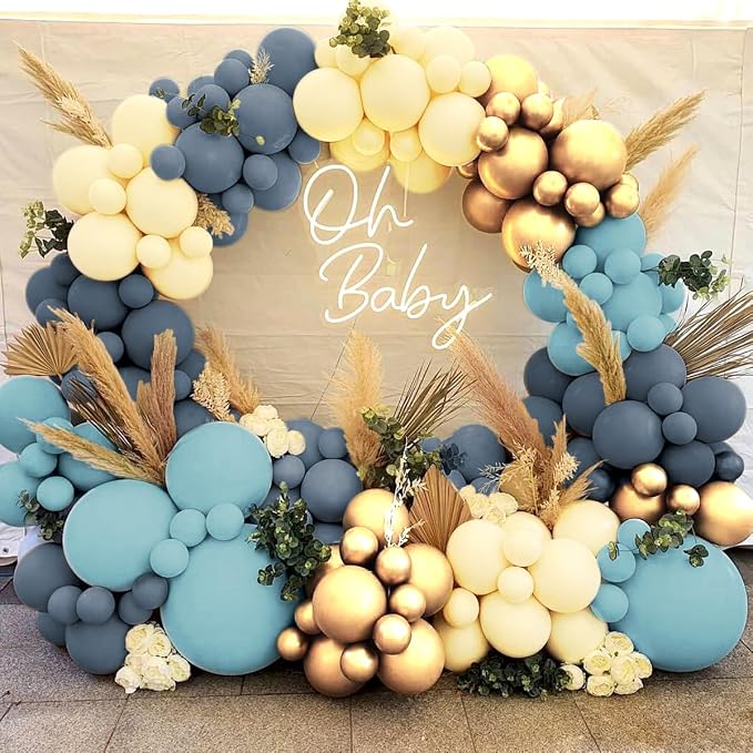 Dusty Blue Yellow Gold Balloon Garland Arch Kit, 160Pcs Boho Retro Blue Pastel Blue Macaroon Yellow Metallic Gold Balloons for Baby Shower Birthday Wedding Party Decoration